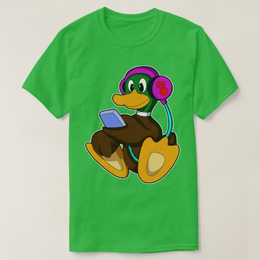 電話ヘッドフォン付きアヒル Tシャツ (デザイン正面)
