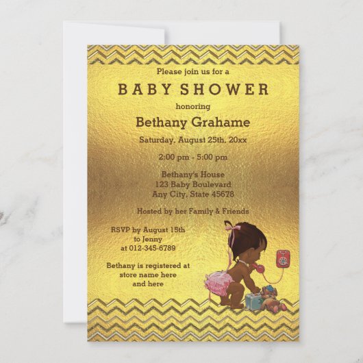 電話ベビーシャワーの金ゴールドのシェブロンの民族の女の子 招待状 (裏面)