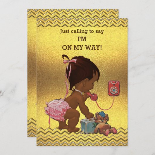 電話ベビーシャワーの金ゴールドのシェブロンの民族の女の子 招待状 (正面/裏面)