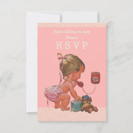 電話ベビーシャワーRSVPのレトロの女の赤ちゃん 出欠カード