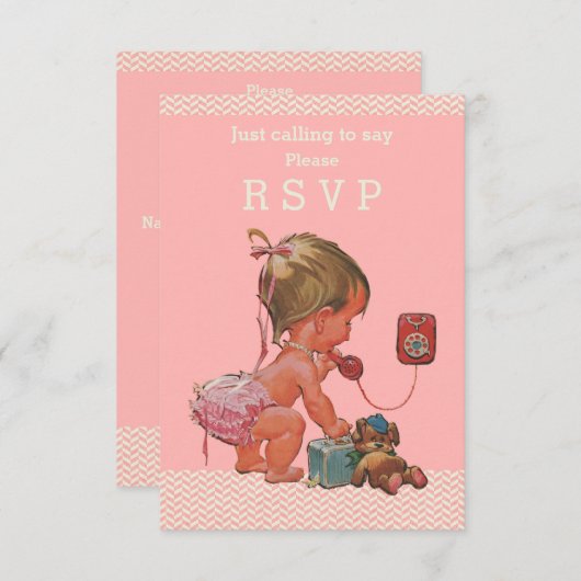 電話ベビーシャワーRSVPのレトロの女の赤ちゃん 出欠カード (正面/裏面)