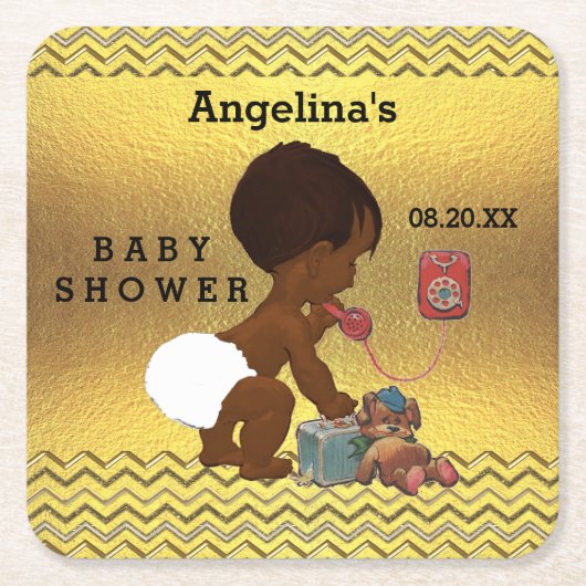 電話金ゴールドのシェブロンのヴィンテージの民族のベビー スクエアペーパーコースター (正面)