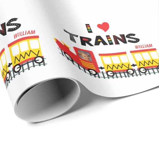 電車が大好き子供の写真と名前のパターン ラッピングペーパー (ロールコーナー)