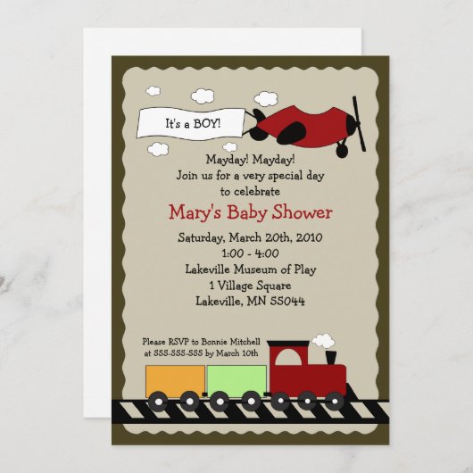 電車と飛行機5x7かわいい男の子ベビーシャワー招待 招待状 (正面/裏面)