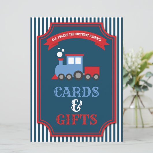 電車のテーマのパーティー誕生日カードとギフトサイン 招待状 (スタンド正面)