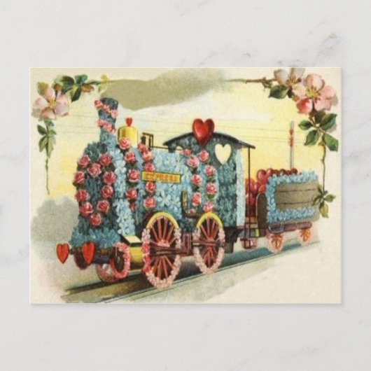 電車のハートのバラとワスレナグサの花 ポストカード (正面)
