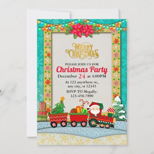 電車の中でプレゼントとクリスマスツリーを持ったサンタクロース シーズンカード (正面)