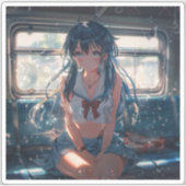 電車の中のアニメ少女 シール (正面)