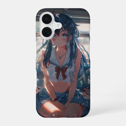 電車の中のアニメ少女 iPhone 16ケース (裏面)