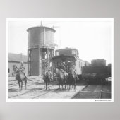 電車の前でポーズを取る馬のカウボーイ ポスター (正面)