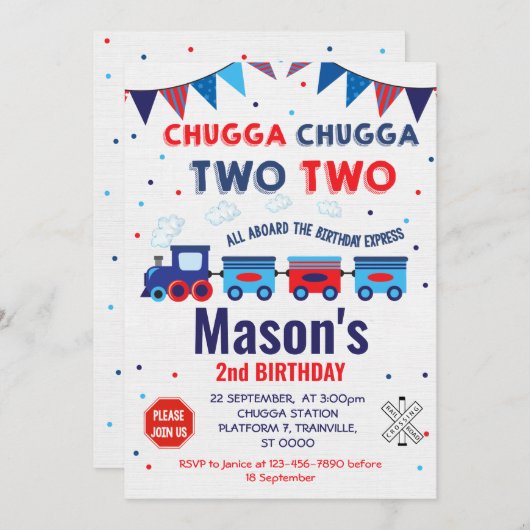 電車の招待状、男の子のための2番目の誕生日 招待状 (正面/裏面)