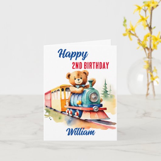 電車の誕生日かわいいテディベアのおもちゃ列車を運転する カード (黄色い花)