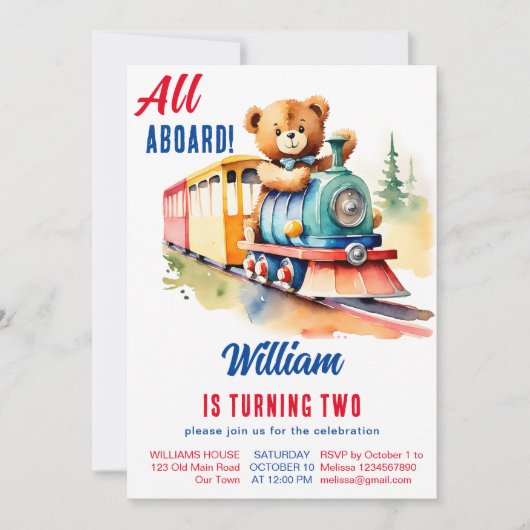 電車の誕生日かわいいテディベアのおもちゃ列車を運転する 招待状 (正面)