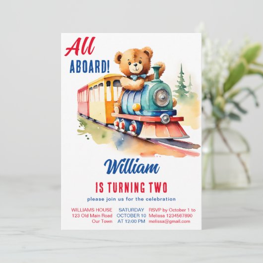 電車の誕生日かわいいテディベアのおもちゃ列車を運転する 招待状 (スタンド正面)