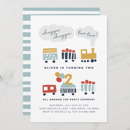 電車の誕生日パーティーの招待・年齢2 Two 招待状 (正面/裏面)