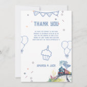 電車の青いバルーン男の子お洒落シャワー サンキューカード (正面)