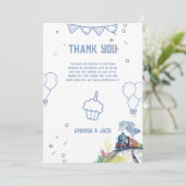 電車の青いバルーン男の子お洒落シャワー サンキューカード (スタンド正面)