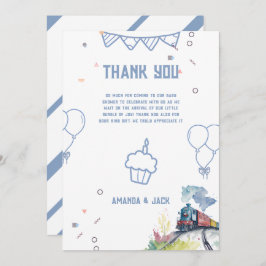 電車の青いバルーン男の子お洒落シャワー サンキューカード