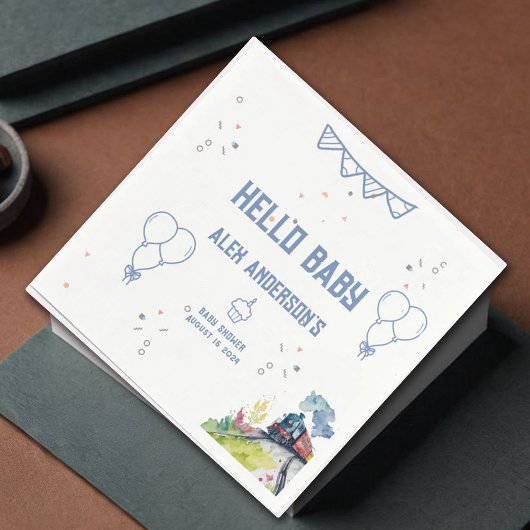 電車の青いバルーン男の子お洒落シャワー スタンダードカクテルナプキン