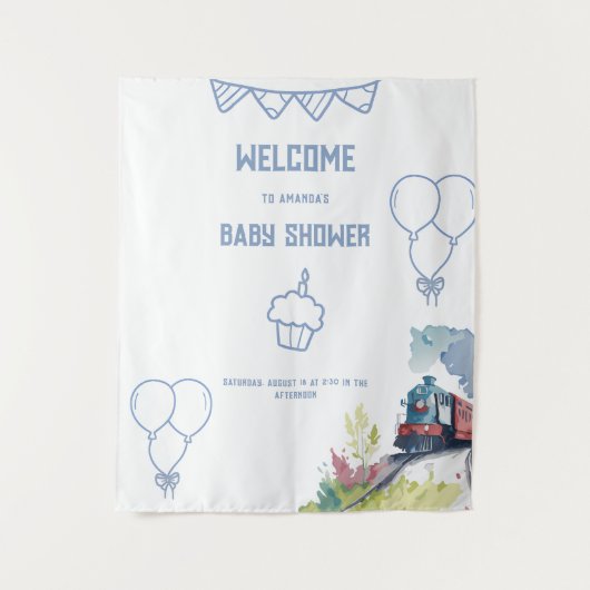 電車の青いバルーン男の子お洒落シャワー タペストリー (正面)