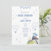 電車の青いバルーン男の子お洒落シャワー 招待状 (スタンド正面)