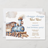 電車の2歳誕生日パーティー ヴィンテージ 青 男の子 招待状 (正面)