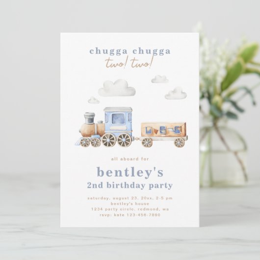 電車の2歳誕生日招待状 | デジタルまたは印刷 招待状 (スタンド正面)