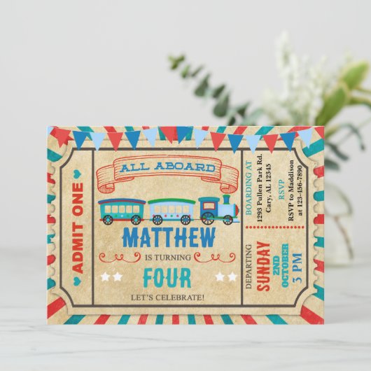 電車チケット男の子の誕生日の招待。 招待状 (スタンド正面)