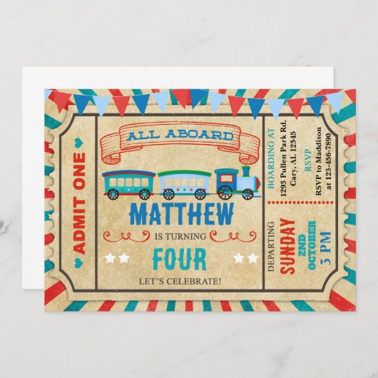 電車チケット男の子の誕生日の招待。 招待状 (正面/裏面)