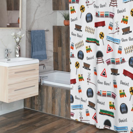 電車パターンリトルボーイ名Choo Choo Kids シャワーカーテン