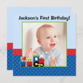電車水玉模様1歳の誕生日の少年の写真 招待状 (正面/裏面)