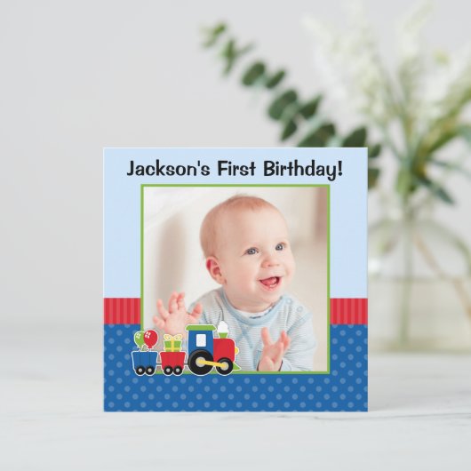 電車水玉模様1歳の誕生日の少年の写真 招待状 (スタンド正面)