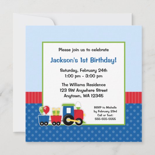 電車水玉模様1歳の誕生日の少年の写真 招待状 (裏面)