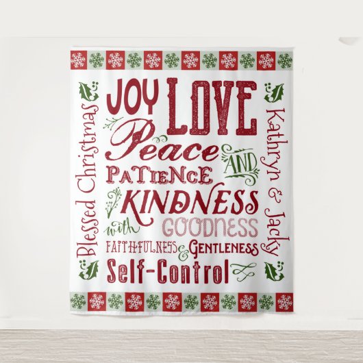 霊の赤緑色のモノグラムのクリスマスフルーツ タペストリー (正面)