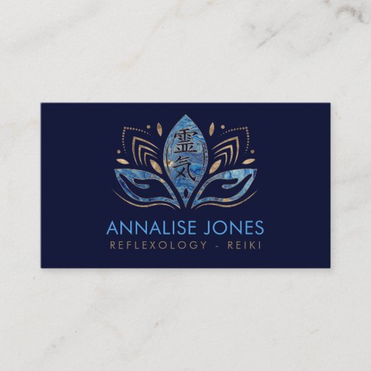 霊気のシンボルと手のロータスブルー大理石 名刺 (正面)