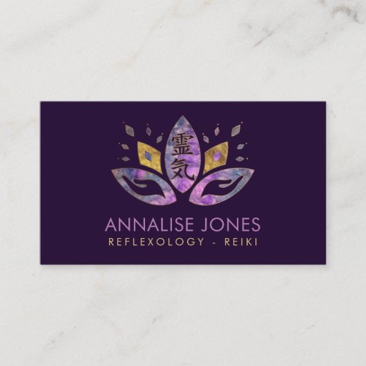 霊気のシンボルと手Lotus Fluoriteと金ゴールド 名刺 (正面)