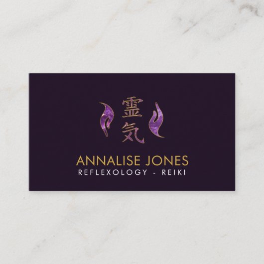 霊気の治療の記号および手のアメジストおよび金ゴールド 名刺 (正面)