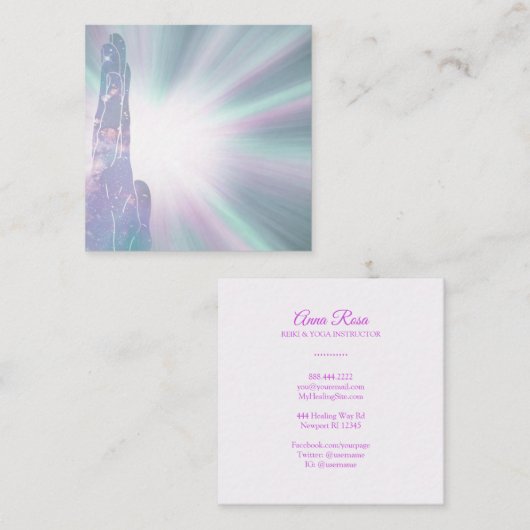~霊気癒しの手が光る軽労働者マッサージ スクエア名刺 (正面/裏面)