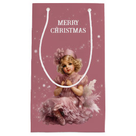 霜とピンクのノスタルジックなメリークリスマス淡い色の。 スモールペーパーバッグ