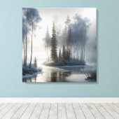 霜の凍ってい降った木のある川 キャンバスプリント (インサイチュ (ウッドフロア))