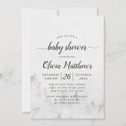 霜の松素朴白い赤ちゃんガールシャワー 招待状 (正面)