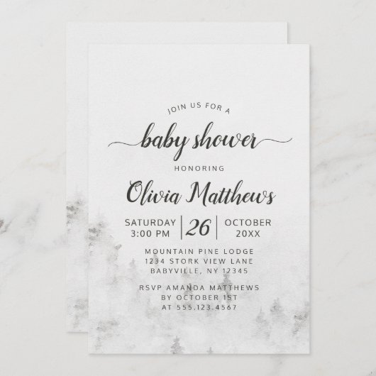 霜の松素朴白い赤ちゃんガールシャワー 招待状 (正面/裏面)