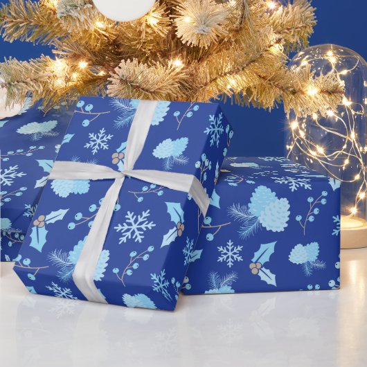 霜の降った雪片ピネコーンミスタントウダークブルー ラッピングペーパー (クリスマス)
