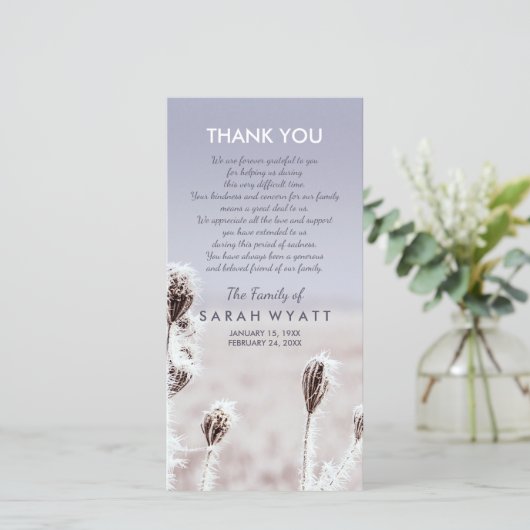 霜の降りたな草原|の冬|の悔やみや弔慰は感謝していしています サンキューカード (スタンド正面)