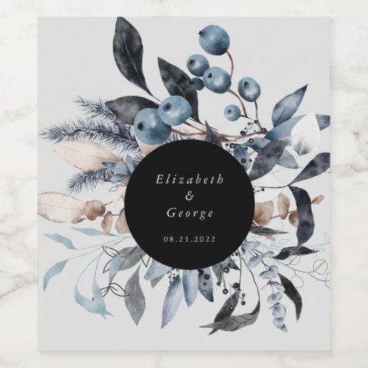 霜の降りたほこりっぽい青い冬のフローラモノグラ結婚ム ワインラベル (シングルラベル)