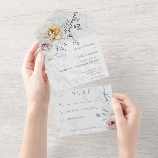 霜の降りたウィンターパステルフローラモダンノディナー オールインワン招待状 (貼ってはがせる)