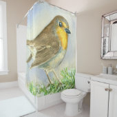 霜の降りたジュニパーの枝にロビンの鳥 シャワーカーテン (インサイチュ)