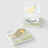 霜の降りたジュニパーの枝にロビンの鳥 ストーンコースター (横)