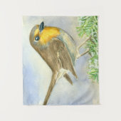 霜の降りたジュニパーの枝にロビンの鳥 タペストリー (正面)