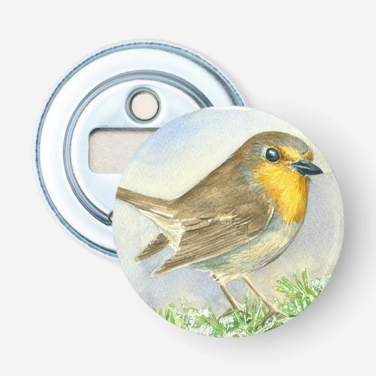 霜の降りたジュニパーの枝にロビンの鳥 栓抜き (正面)